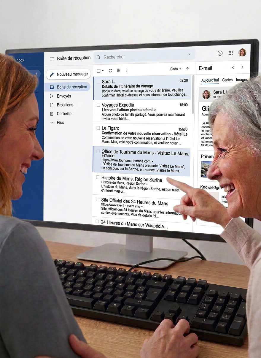 A modern home workstation featuring a mid-sized flat-screen monitor, a wireless keyboard with high-contrast keys, and a simple inkjet printer, all aligned on a white desk against a pale pastel wall. On the screen, a clear web browser window shows large icons for email, administrative portals, and online payments, symbolizing help with internet procedures. Next to the monitor, a stack of neatly printed step-by-step tutorial sheets is clipped together, their bold headings easily readable. Diffused overcast daylight filters in from the side, creating soft, even illumination with minimal shadows. Photographic realism, shot from a slightly elevated angle with balanced composition and crisp focus throughout, conveying a clean, organized, and supportive environment for learning and online administrative help at home.